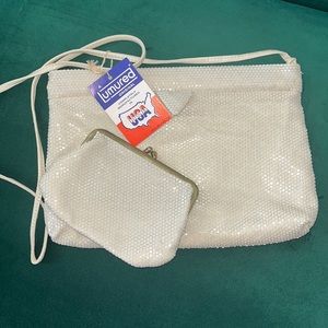 Vintage 1950s Cream Lumured Crossbody and Coin Purse.